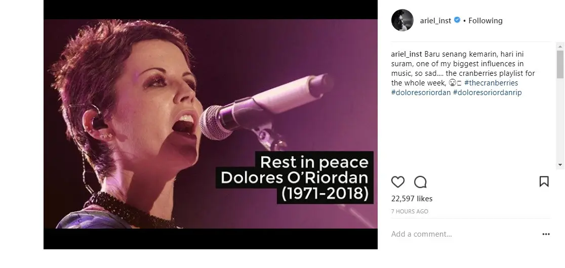 Ariel NOAH berduka atas kepergian Dolores O'Riordan (Foto: Instagram)