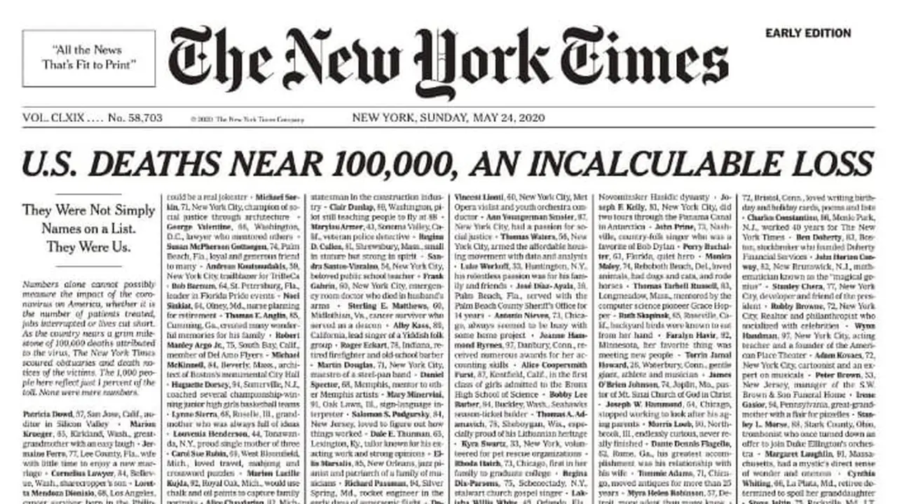 Surat kabar ternama New York Times memasang daftar panjang dari nama-nama masyarakat di AS yang meninggal karena Virus Corona COVID-19.