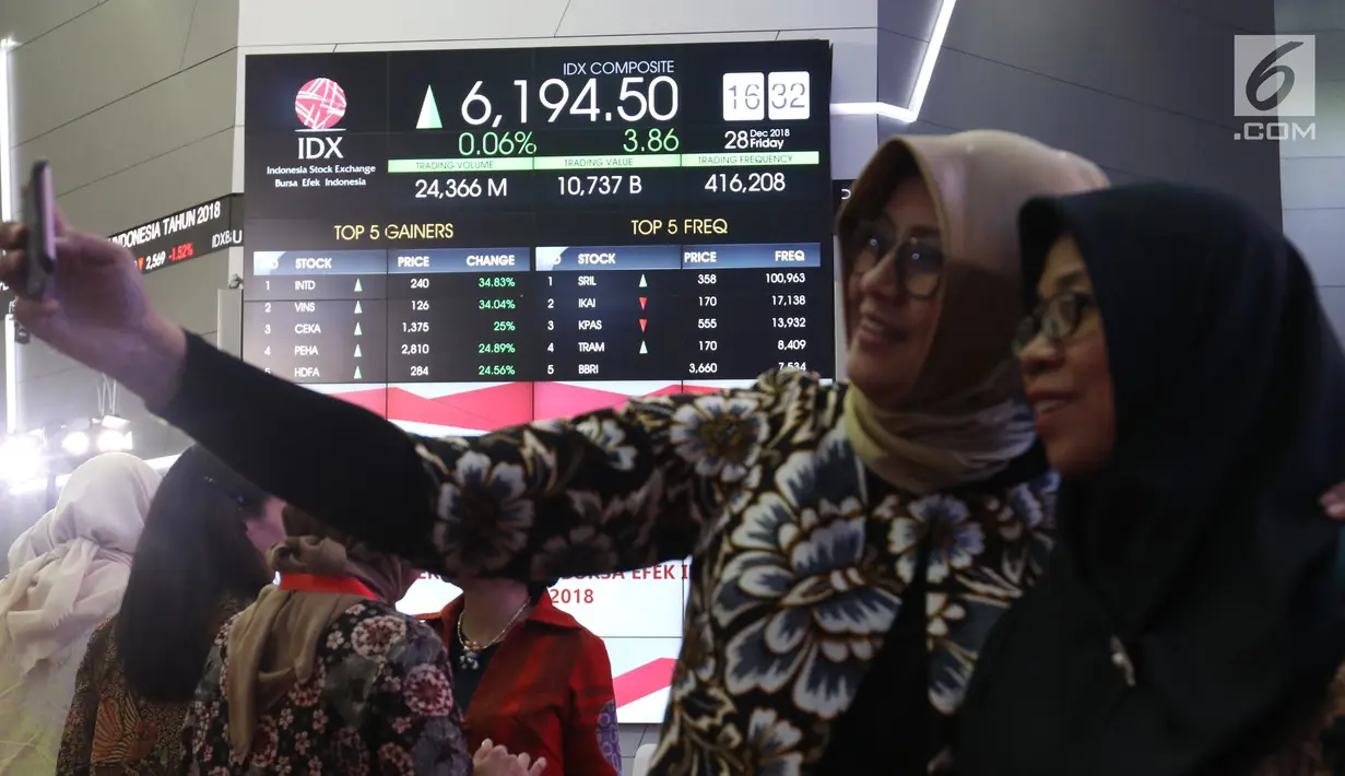 Karyawan berswafoto saat penutupan Indeks Harga Saham Gabungan (IHSG) 2018 di Kantor BEI, Jakarta, Jumat (28/12). IHSG kompak dengan bursa Asia lainnya dibuka dengan berada di zona hijau. (Liputan6.com/Angga Yuniar)