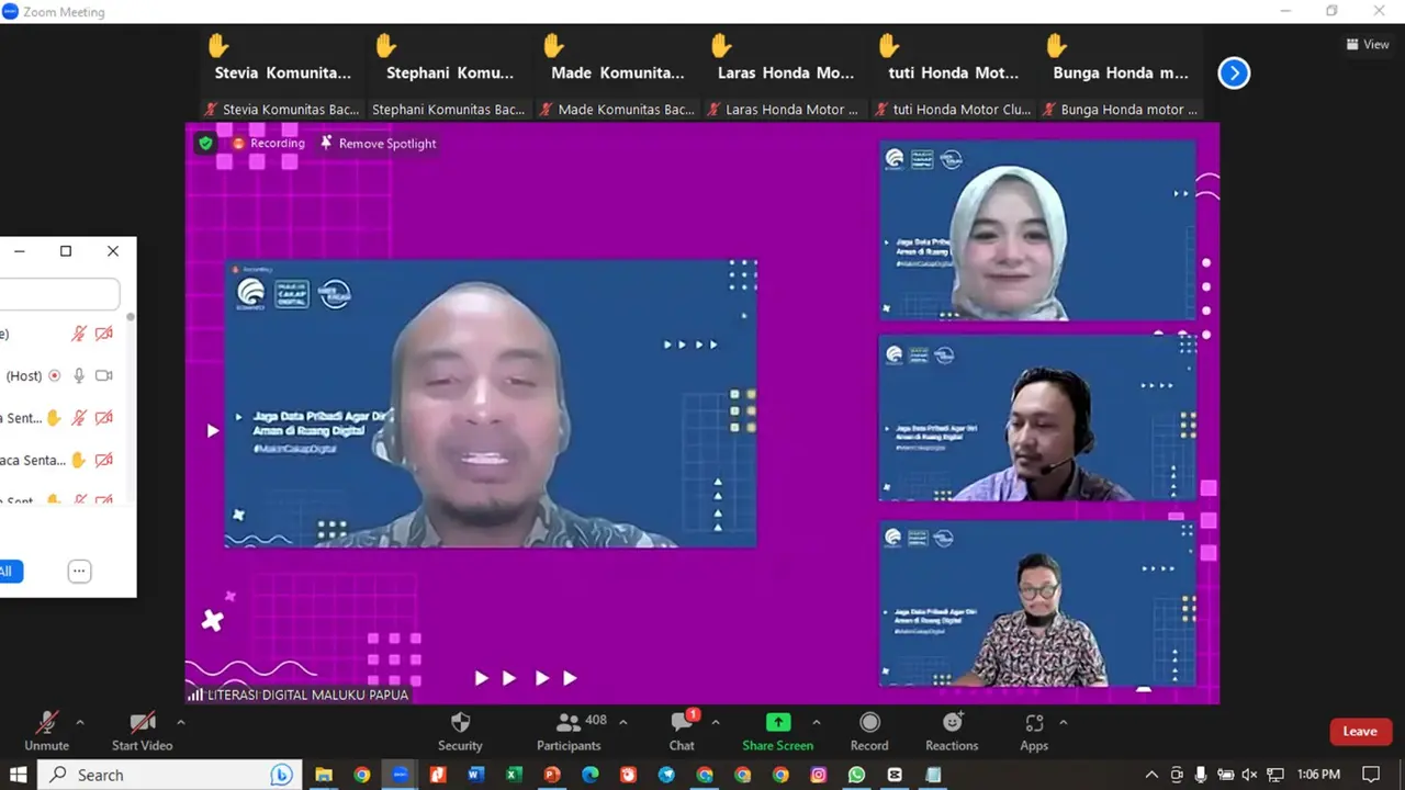 Kemenkominfo bersama siberkreasi telah menyelenggarakan kegiatan webinar yang ke-4 untuk berbagai kelompok masyarakat / komunitas di wilayah Maluku Papua dan Sekitarnya dengan tema “Jaga Data Pribadi Agar Diri Aman di Ruang Digital” (Istimewa)