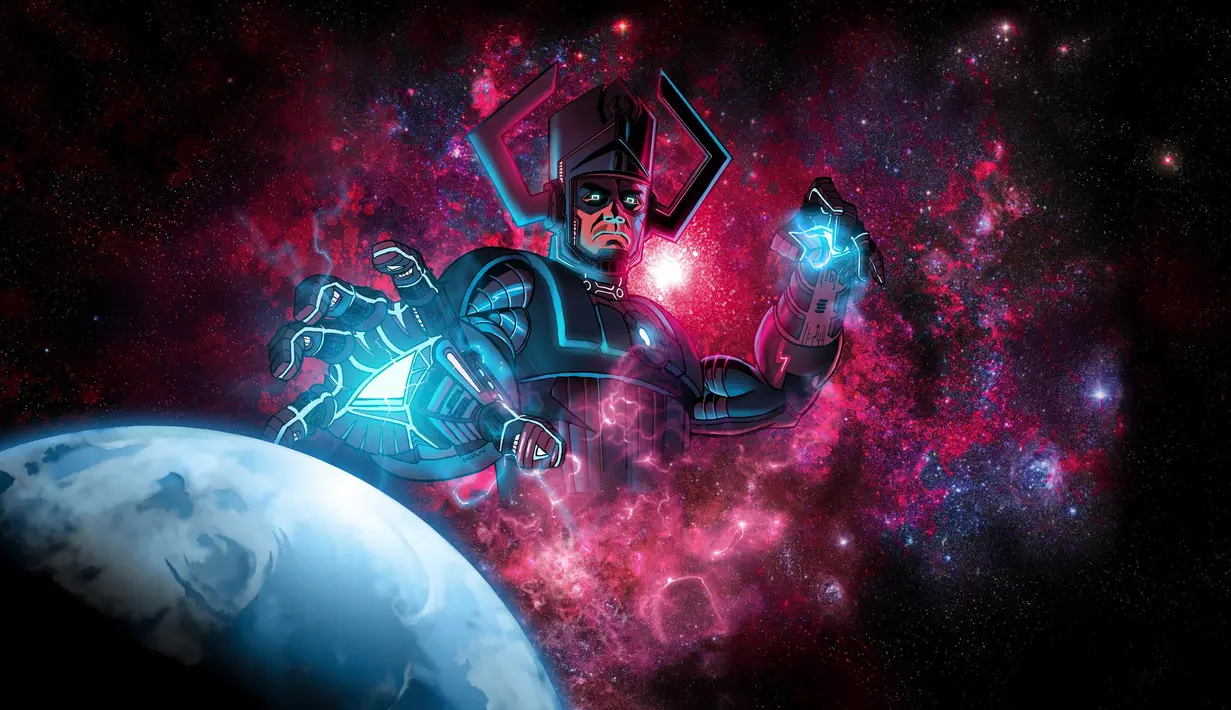 Dilansir dari visualdotlive, Galactus menjadi salah satu villain terkuat karena bisa memangsa planet. Tubuhnya yang besar membuat bumi terlihat seperti bola basket. (Deanimated)