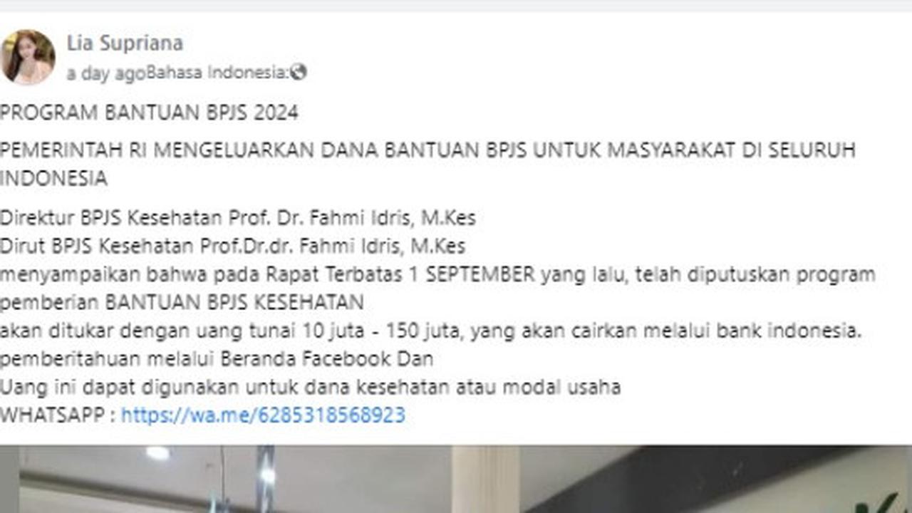 Cek Fakta: BPJS Beri Bantuan Rp150 Juta Dana Kesehatan Hubungi Kontak Ini buat Isi Biodata Diri