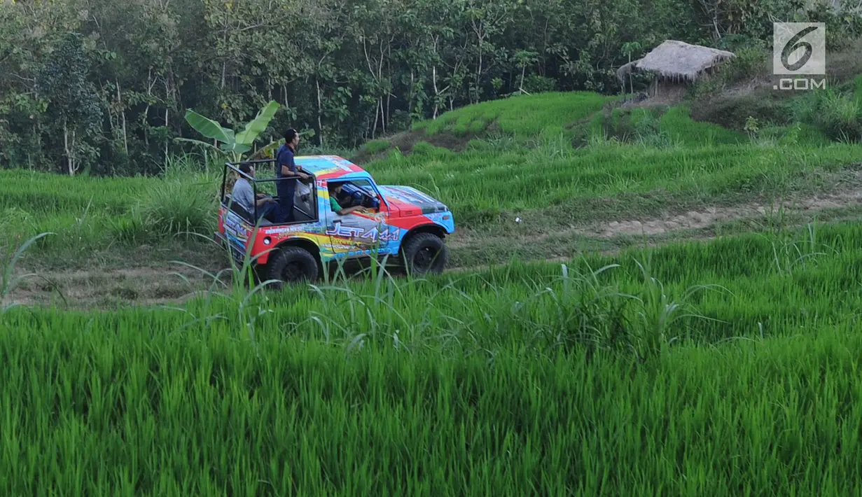Wisatawan menaiki jip semi-terbuka saat berkeliling di Desa Wisata Kaki Langit Mangunan, Bantul, Yogyakarta (4/5). Desa Wisata Kaki Langit Mangunan yang baru berjalan hampir setahun ini dikelola warga setempat. (Merdeka.com/Arie Basuki)