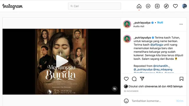 Unggahan Putri Ayudya soal film Menunggu Bunda. (Foto: Instagram @_putriayudya)