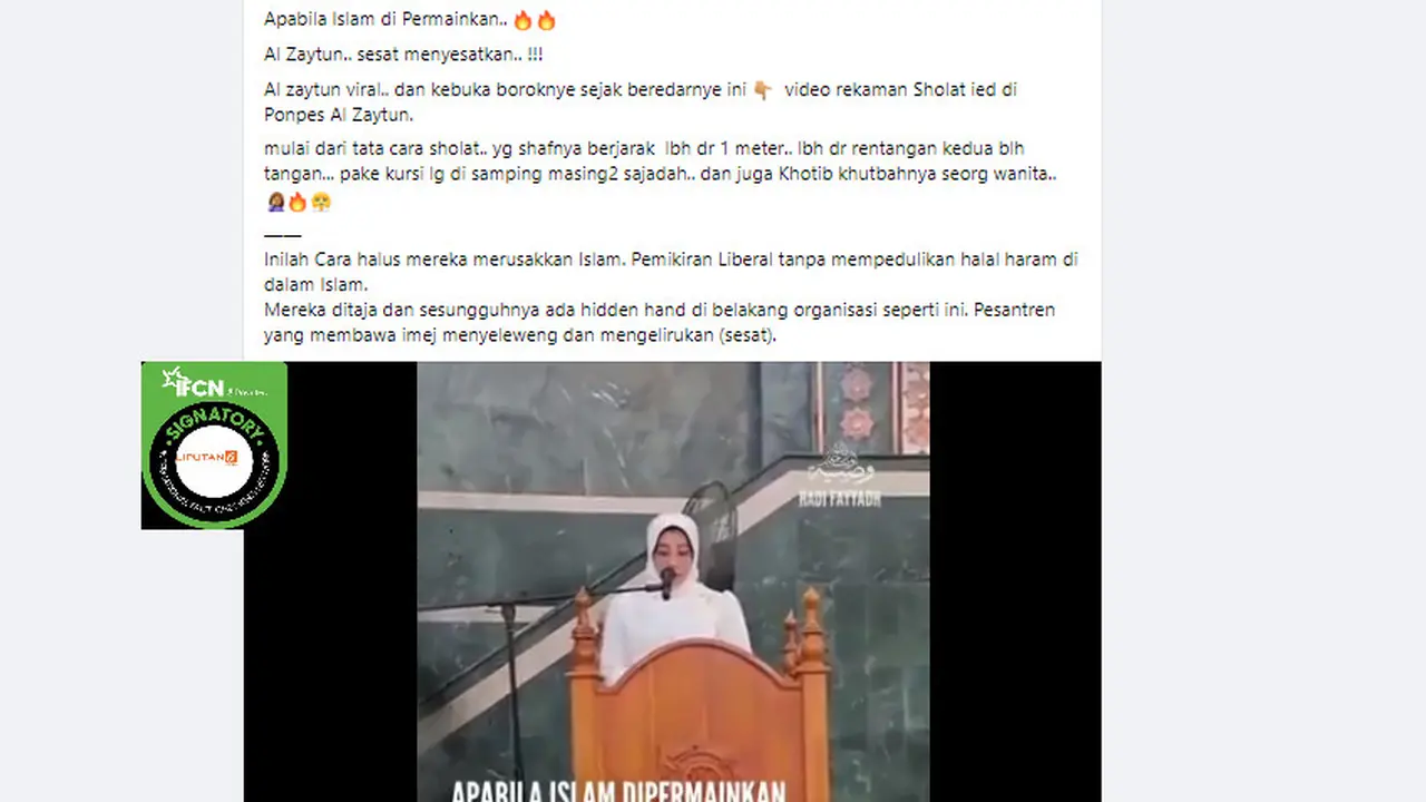 Tangkapan layar klaim video perempuan khutbah salat Id di Pondok Pesantren Al Zaytun