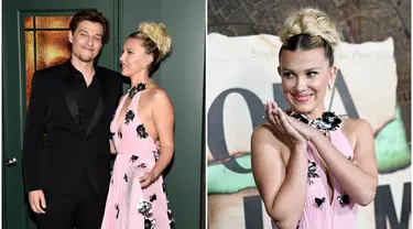 Foto kolase saat Millie Bobby Brown dan pacarnya Jake Bongiovi menghadiri pemutaran perdana film Enola Holmes 2 di The Paris Theatre, New York, Amerika Serikat, 27 Oktober 2022. (Photo by Evan Agostini/Invision/AP)