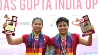 Greysia Polii/Apriyani menundukkan Jongkolphan Kittiharakul/Rawinda Prajongjai (Thailand), pada final India Terbuka 2018 dengan skor 21-18, 21-15, Minggu (4/2/2018). (PBSI)
