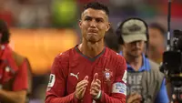 Pemain Portugal Cristiano Ronaldo menangis setelah pertandingan sepak bola babak 16 besar Piala Dunia antara Portugal dan Spanyol di Arlington, Texas, dekat Dallas, Senin, 6 Juli 2026. (AP Photo/Gareth Patterson)