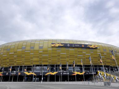 Laga final Liga Europa yang mempertemukan Villarreal dan Manchester United, Kamis (27/5/2021) dini hari pukul 02.00 WIB akan berlangsung di Stadion Polsat Plus Arena di Kota Gdnask, Polandia. (AP/Michael Sohn)