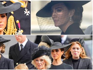Kolase foto Putri Wales Kate Middleton dan Duchess of Sussex Meghan Markle saat prosesi pemakaman Ratu Elizabeth II di London, Inggris, 19 September 2022. Kehadiran Kate Middleton dan Meghan Markle pada prosesi pemakaman Ratu Elizabeth II menjadi sorotan. (AP Photo/Martin Meissner/Markus Schreiber, Pool)