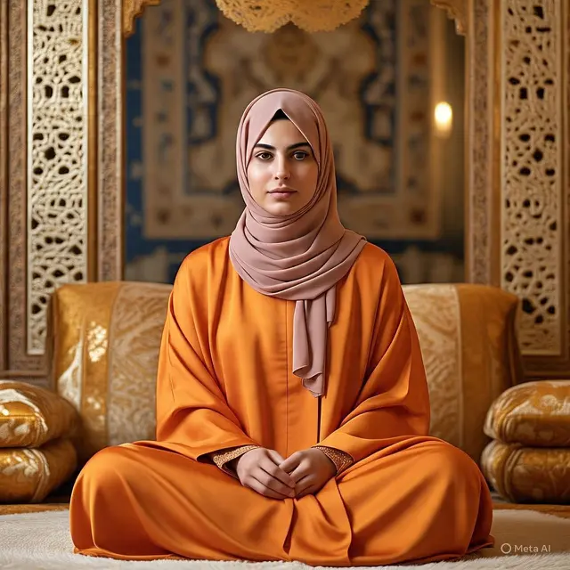 Ilustrasi muslimah memakai gamis oren dengan jilbab dusty pink. (Ilustrasi by Meta AI)