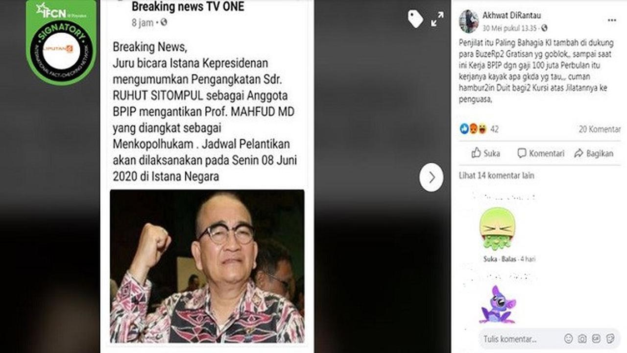 Gambar Tangkapan Layar Kabar Hoaks Tentang Ruhut Sitompul Dilantik Jadi Anggota BPIP