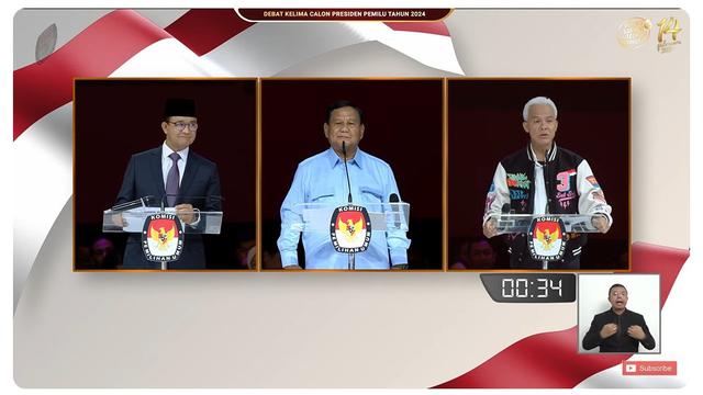Calon Presiden (Capres) nomor urut 01 Anies Baswedan, Capres nomor urut 02 Prabowo Subianto, dan Capres nomor urut 03 Ganjar Pranowo saat debat Pilpres 2024 terakhir yang digelar Minggu (4/2/2024) di JCC.