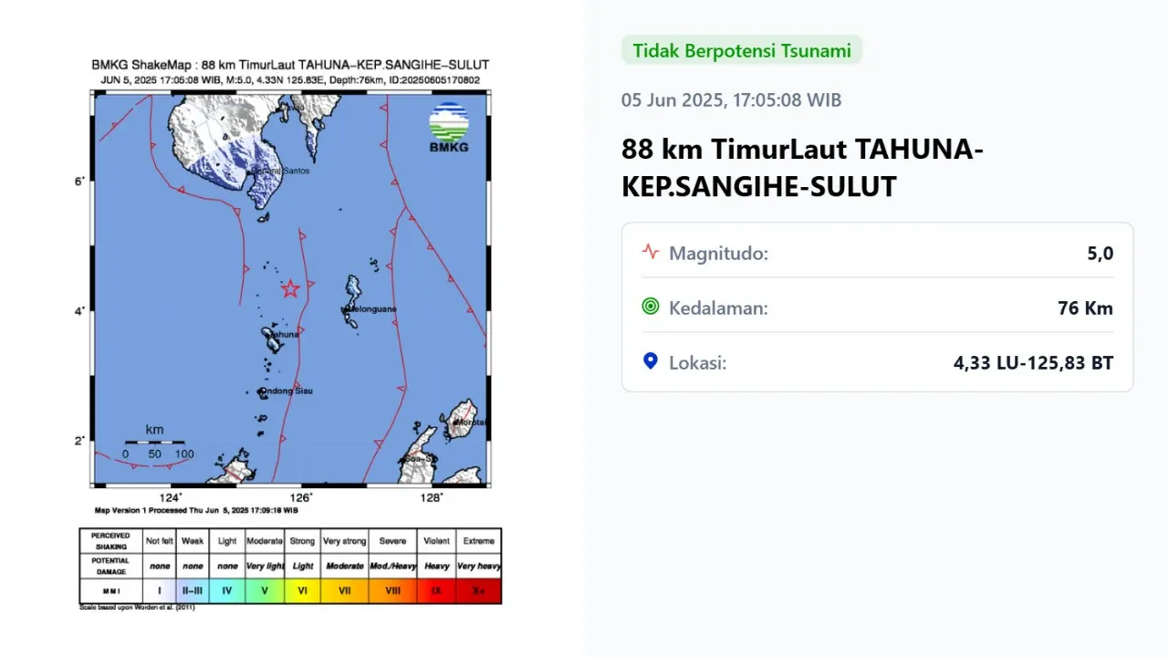 Gempa hari ini, Kamis (5/6/2025) menggetarkan sore tadi pukul 17:05:08 WIB di wilayah Tahuna, Kepulauan Sangihe, Provinsi Sulawesi Utara (Sulut).