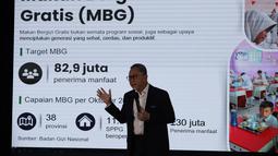 Menteri Koordinator Bidang Pangan Zulkifli Hasan memaparkan capaian sektor pangan pada tahun pertama pemerintahan Presiden Prabowo Subianto di Gedung Graha Mandiri, Jakarta, Selasa (21/10/2025). (merdeka.com/Arie Basuki)