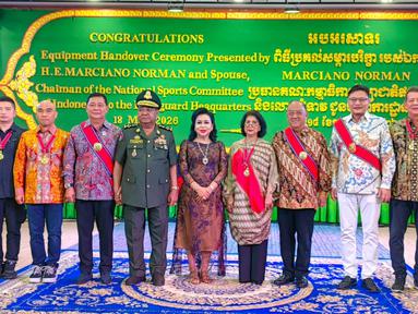 Ketua Umum KONI Pusat Letjen TNI Purn Marciano Norman kembali bertemu Jenderal Hing Bun Hieng, Wakil Panglima Militer Kamboja dan juga pimpinan tertinggi Decho Hun Sen Body Guard Headquarters (BHQ) atau Paspam Perdana Menteri (PM) Kamboja pada Senin (18/05/2026) waktu setempat. (Dok. KONI)
