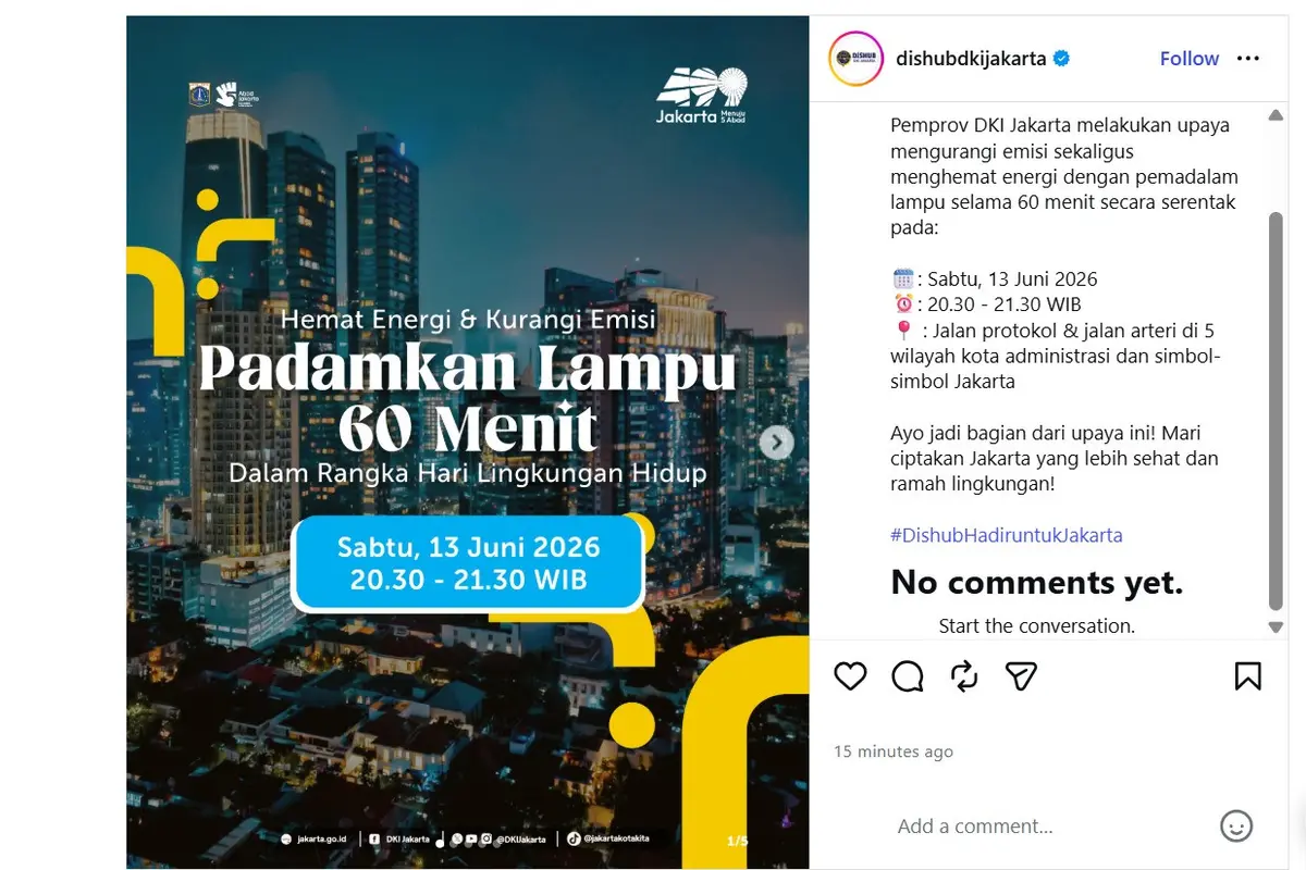 Dinas Perhubungan (Dishub) DKI Jakarta umumkan pemadaman lampu selama 60 menit atau 1 jam serentak pada Sabtu 13 Juni 2026.