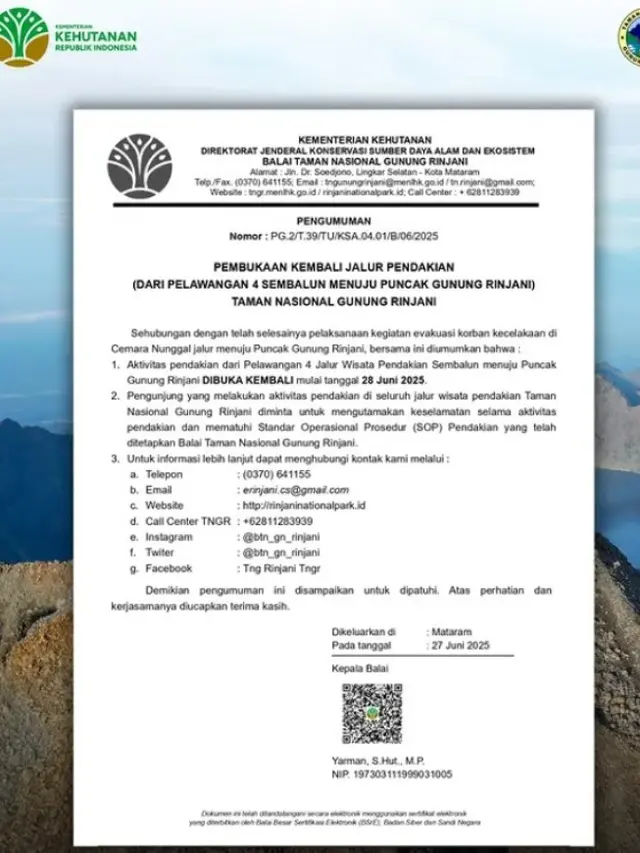 Jalur Pendakian Gunung Rinjani Dibuka Kembali 28 Juni 2025