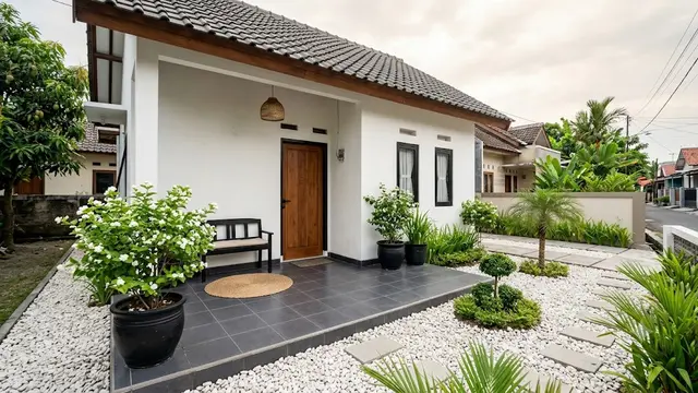 Ide Teras Monokrom dengan Bunga Melati dan Batu Putih