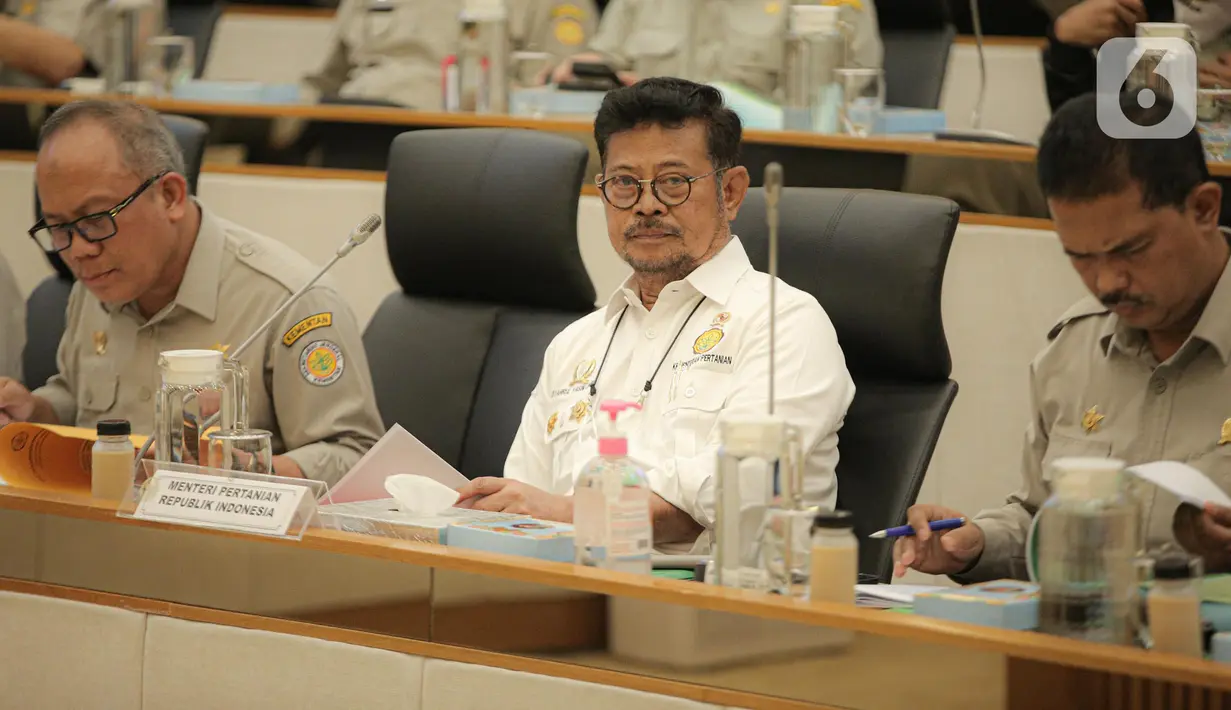 Menteri Pertanian (Mentan) Syahrul Yasin Limpo mengikuti rapat kerja dengan Komisi IV DPR di Kompleks Parlemen Senayan, Jakarta, Senin (16/1/2023). Raker tersebut membahas mengenai Kinerja Kementerian Pertanian mulai dari program-program kerja yang tidak memberikan dampak signifikan terhadap petani, hingga data stok pangan yang berbeda. (Liputan6.com/Faizal Fanani)
