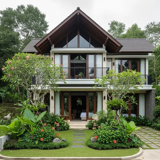 Rumah Pedesaan Minimalis Modern Atap Miring dan Taman Depan