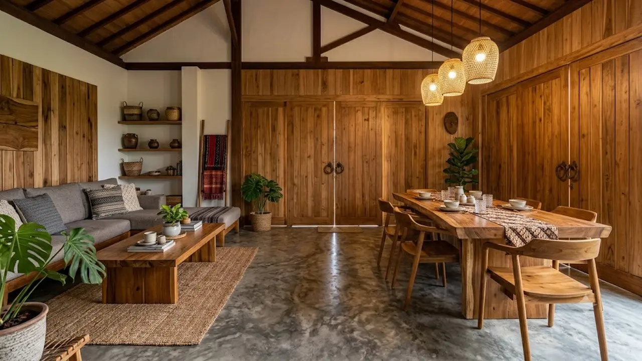 Model Rumah dengan Lantai Semen Ekspos dan Dekorasi Kayu