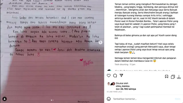 Marissya Icha Ungkap Surat yang Ditulis Medina Zein dari dalam Penjara, Isinya Bikin Pilu