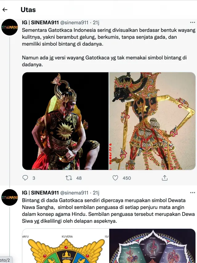 Unggahan soal Gatotkaca. (Foto: Dok. Twitter @sinema911)