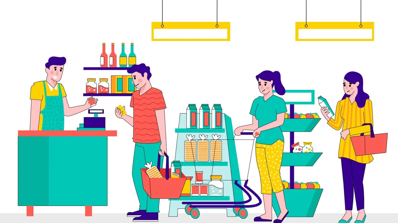 Ilustrasi transaksi, ekonomi, jual beli, super market, pangsa pasar