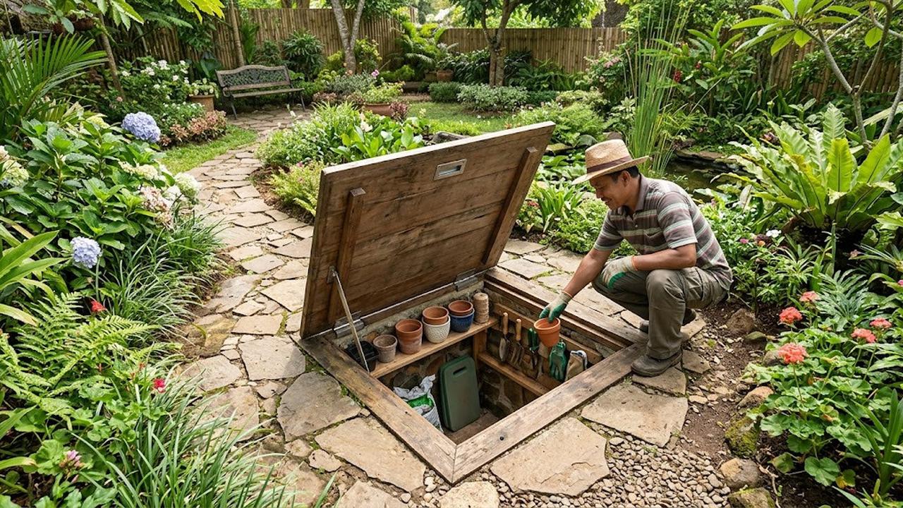 Ide Tempat Penyimpanan Pot dan Alat Berkebun yang Menyatu dengan Taman/AI Generated