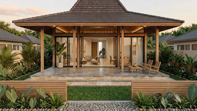 Rumah Limasan Modern Terbuka dengan Sentuhan Kayu dan Batu Alam