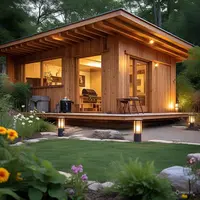 Desain rumah kayu minimalis dengan area barbecue dan lampu taman. (Liputan6.com/MetaAi)