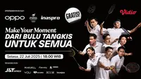 Siaran langsung! Friendly match legenda bulu tangkis Indonesia - OPPO Badminton 2025 di Vidio. Jangan lewatkan pertandingan para legenda bulu tangkis Indonesia, peraih medali emas olimpiade dalam ajang friendly match OPPO Badminton 2025 hanya di Vidio. (sum. doc. vidio.com)