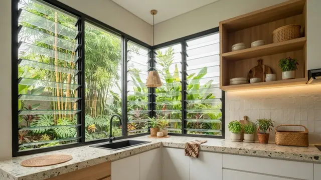 Dapur dengan Jendela Sudut dan Jalusi