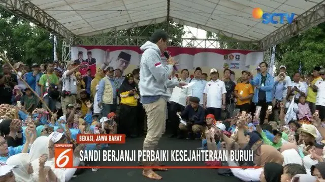 Kampanye di Bekasi, Jawa Barat, Sandiaga Uno berjanji akan sejahterakan para buruh.