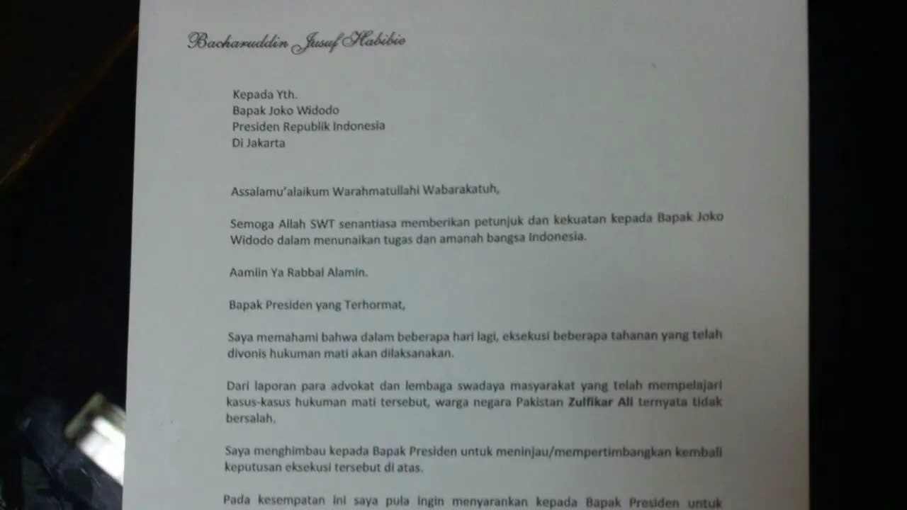 Surat Habibie ke Jokowi soal eksekusi mati