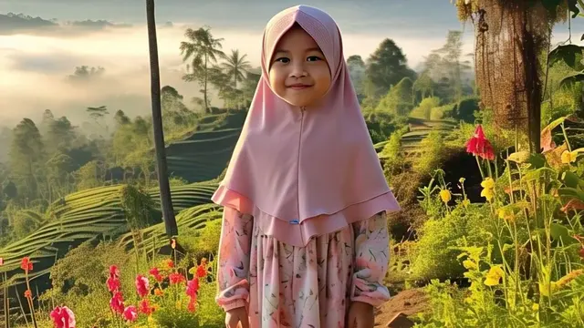 Baju muslim gamis motif bunga untuk anak perempuan/Gambar Meta AI