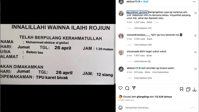 Unggahan Foto Papan Informasi Kematiannya Bikin Heboh, Abidzar Al Ghifari: Self Reminder Aja Bro, Kalem