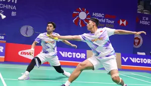 Ganda putra Indonesia Leo Rolly Carnando/Bagas Maulana melangkah ke babak 16 besar China Open 2024. Leo/Bagas mengalahkan Kenya Mitsuhashi/Hiroki Okamura dari Jepang.21-13 dan 21-14 di Olympic Sports Center Gymnasium, Rabu (18/9/2024). (foto: PP PBSI)