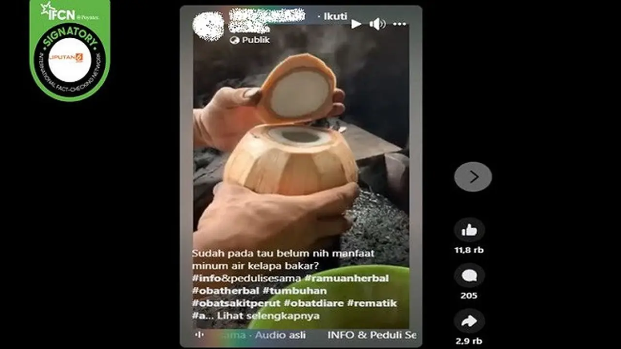 Beredar di media sosial klaim mengonsumsi air kelapa muda bakar bisa menghancurkan batu ginjal.