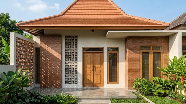 Rumah Limasan Modern dengan Dinding Batu Bata dan Roster