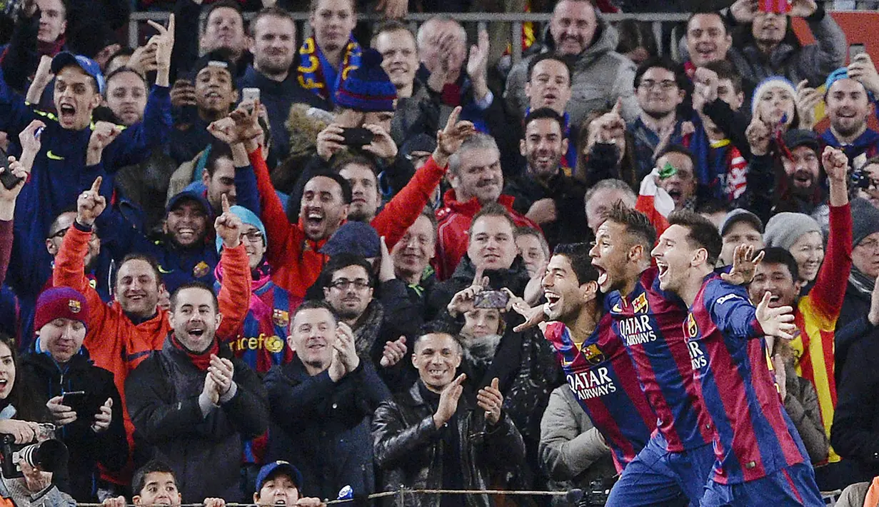 Barcelona pernah memiliki Trio penyerang hebat yaitu Lionel Messi, Luis Suarez dan Neymar Jr. (AFP/Josep Lago)