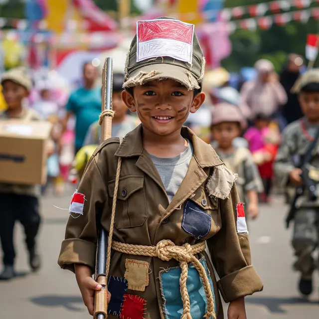 Kostum Tentara Kemerdekaan dari Pakaian Lama dan Barang Bekas (AI Generated)
