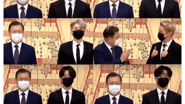 Anggota BTS berfoto dengan Presiden Moon Jae-in setelah menerima sertifikat Utusan Khusus Budaya mereka (Blue House Republik Korea/YouTube)