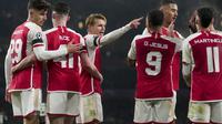 Arsenal meraih kemenangan enam gol tanpa balas atas&nbsp;Lens di Stadion Emirates pada laga kelima Grup B Liga Champions musim ini, Kamis (30/11/2023) dini hari WIB. Martin Odegaard turut menyumbangkan satu gol dalam duel tersebut.&nbsp;(AP Photo/Kin Cheung)