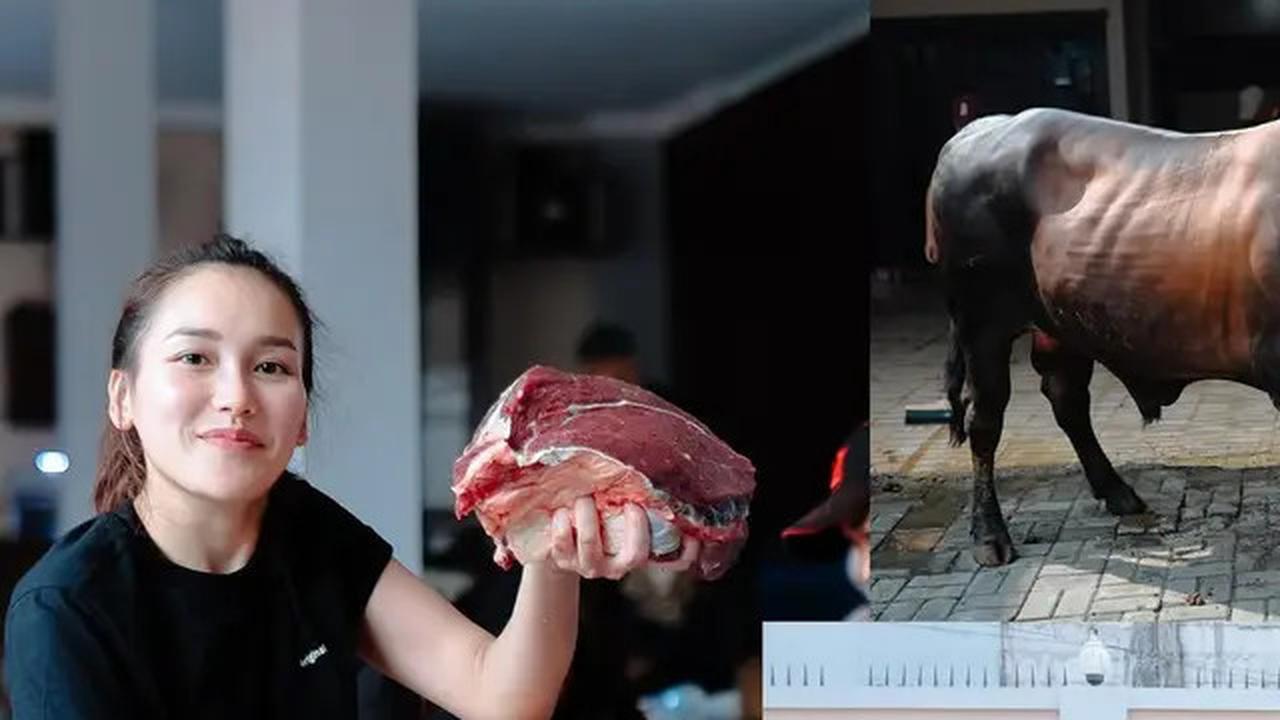 Potret Ayu Ting Ting Ikut Potong Daging Kurban, Tampil Santai Pakai Kaus dan Celana Pendek