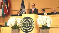Menteri Ketenagakerjaan RI, M Hanif Dhakiri saat menyampaikan pidato resmi di forum ILO.