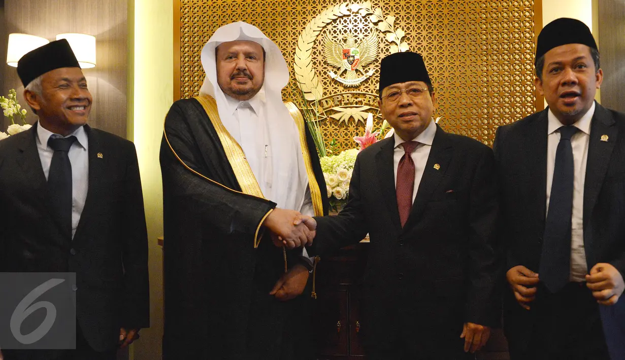DPR RI menerima kunjungan Ketua Majelis Syuro Arab Saudi Syeikh Abdullah bin Muhammad bin Ibrahim Al-Syeikh, Jakarta, Kamis (16/2). Arab Saudi berencana investasi di bidang pertanian dan infrastruktur maritim Indonesia.(Liputan6.com/Johan Tallo)