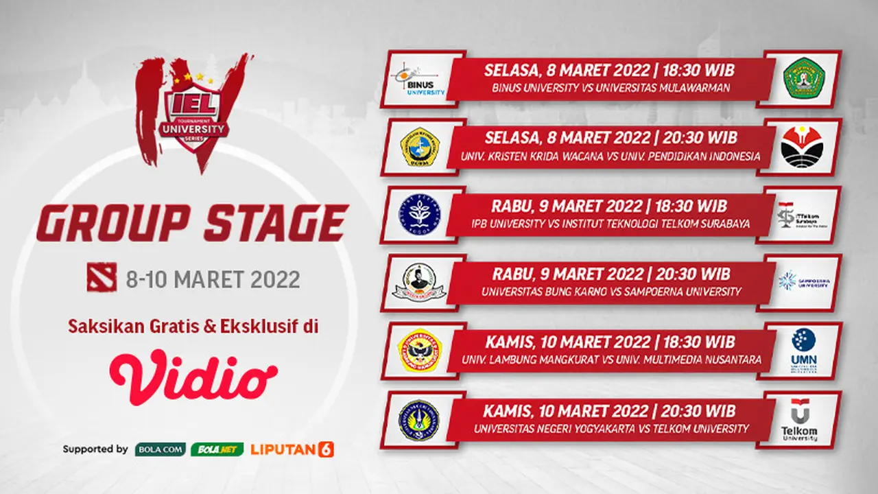 Link Live Streaming IEL University Season 4 Dota 2 Group Stage Pekan Keenam di Vidio, 8-10 Maret 2022
