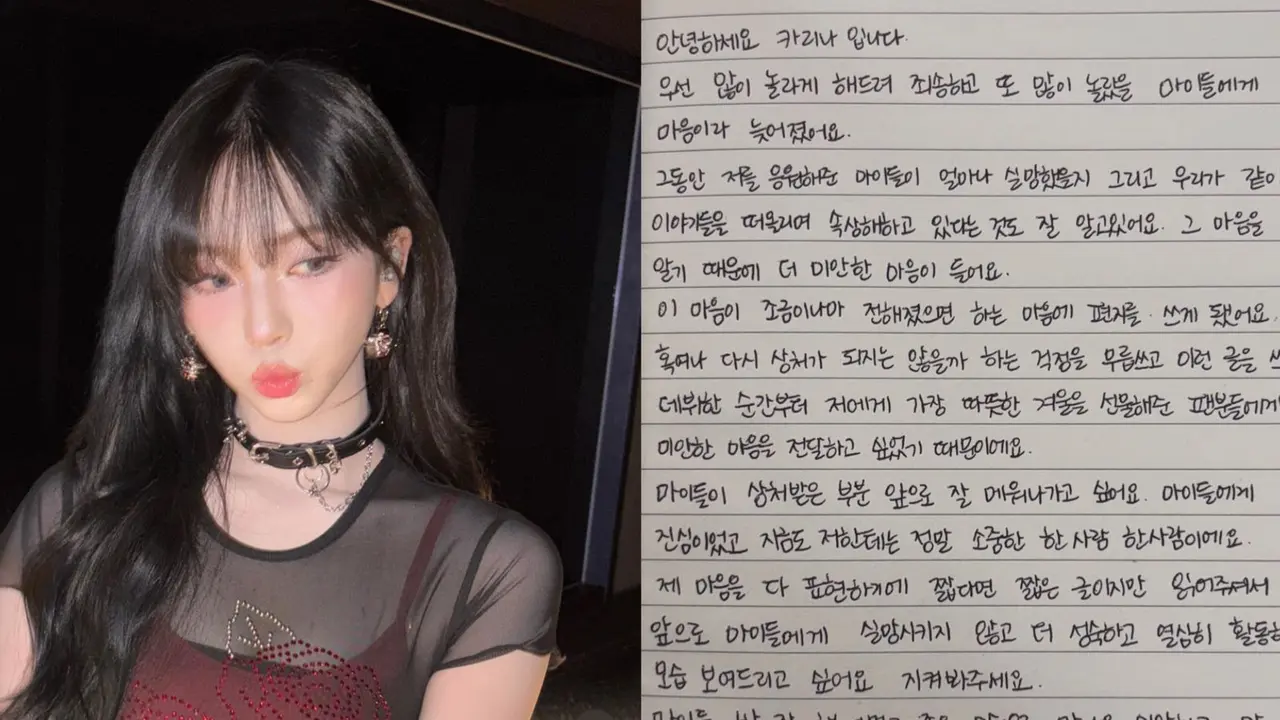 Karina aespa minta maaf ke penggemar atas hubungannya dengan Lee Jae Wook menggunakan tulisan tangan